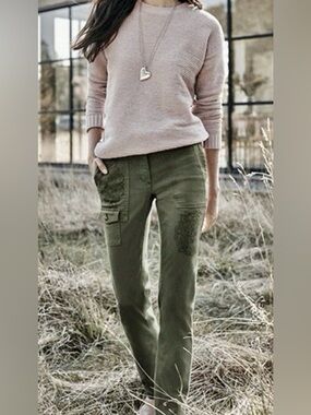 NEW J. Jill Embroidered Caraway Cargo Pants 8T Olive Green 8 Tall Boho Straight